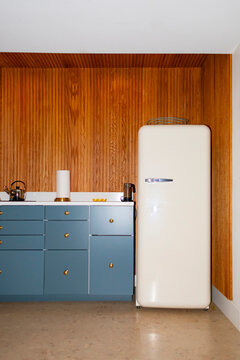 Vertical wood Paneling modern  kitchen refrigerator nobody