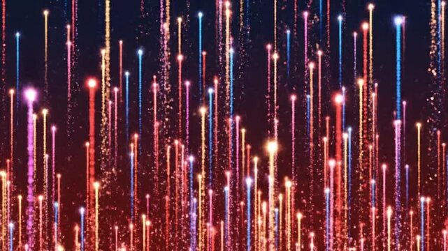 Abstract red flying lights rise upward in colorful vertical formations at night in a vibrant display with no clear ending