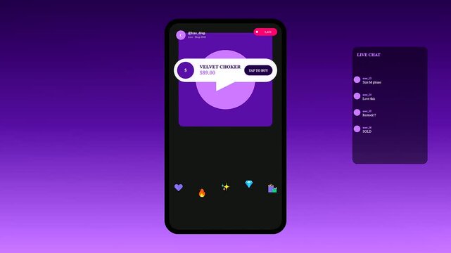 A shoppable video overlay displays mobile commerce purchase buttons and interactive chat streams on a vertical smartphone interface featuring a purple gradient backdrop for digital sales
