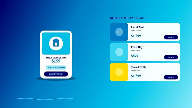 a shoppable video overlay displays vacation travel product selections with interactive purchase call to action buttons on a vibrant smooth blue gradient digital interface canvas