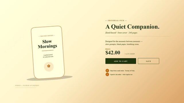 A shoppable video overlay displays a stationary journal product interface with elegant typography and interactive purchase buttons against a soft gradient warm cream colored visual background