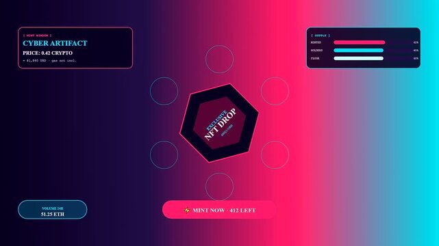 a modern shoppable video overlay showcases rotating hexagonal interface elements with dynamic transaction status bars and motion graphics floating against a vivid purple and cyan gradient backdrop