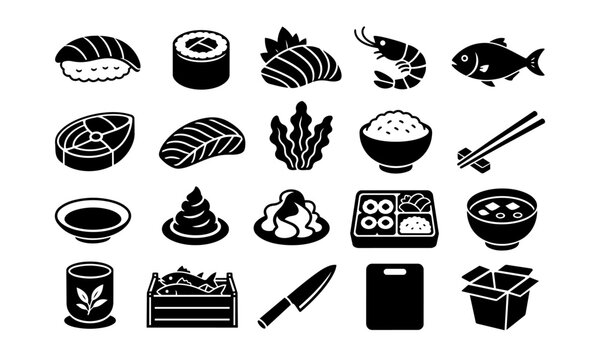 Japanese Seafood and Sushi Icon Set
