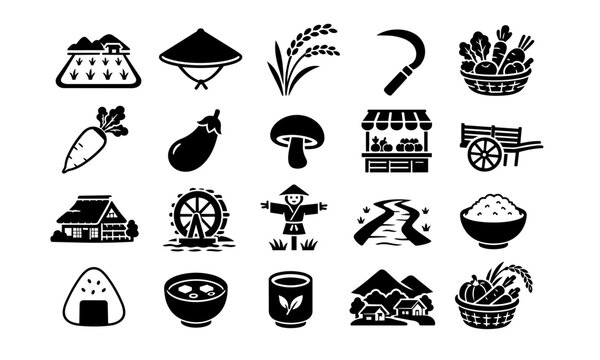 Japanese Rural Farming and Local Food Icon Set