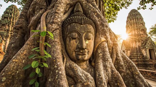 Buddha head embraced by tree roots at Wat Mahathat in Ayutthaya, Thailand showcasing ancient connection to nature