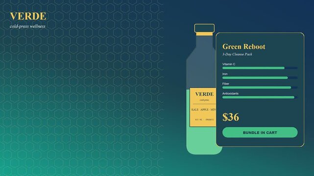 A digital shoppable video overlay displays healthy green beverage nutrition facts and interactive e commerce checkout elements for a modern health focused mobile application interface design