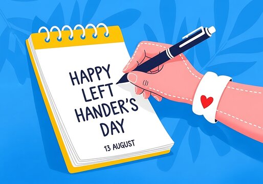 Hand writing on notepad for left handers day on blue background