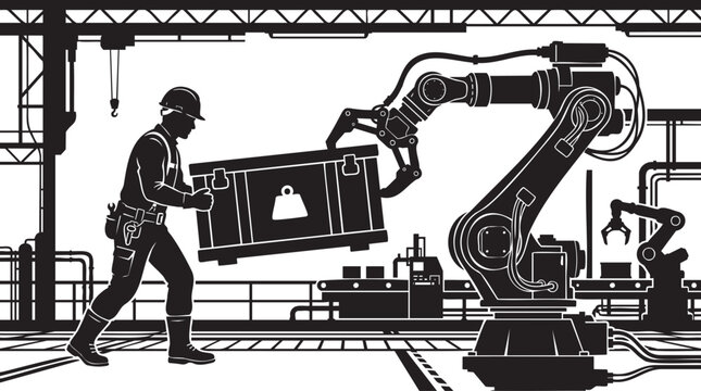 Human Robot Collaboration in Smart Factory Logistics and Industrial Automation Silhouette Vector