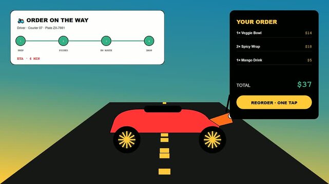 A digital shoppable video overlay displays delivery status progress on a vibrant mobile interface while a stylized red vehicle travels along a dark paved road