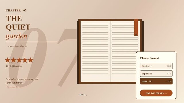 A shoppable video overlay showcases digital user interface elements for book store websites with interactive product selection menus and soft warm lighting aesthetic in three sequences