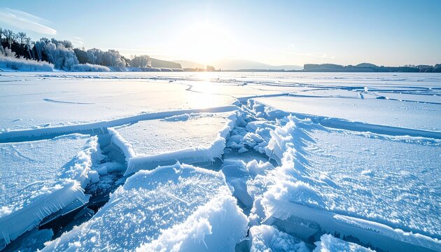 Frozen lake with cracked ice surface.