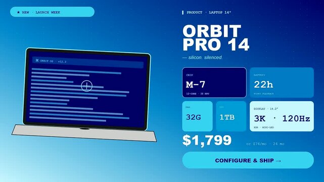 A digital shoppable video overlay displays technical product specifications on a laptop screen as the device pans across the screen in a smooth fluid animation sequence