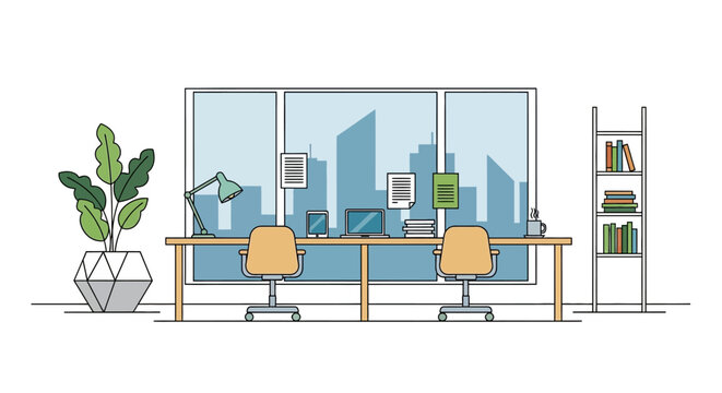 Modern office workspace with city view.