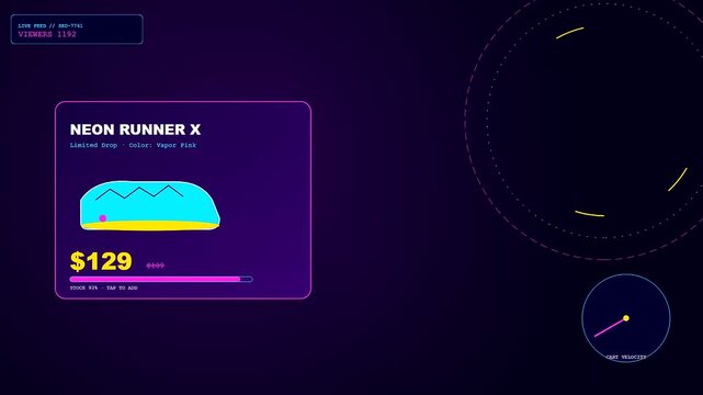 Dynamic shoppable video overlay interface showing product price fluctuations on a dark digital display with vibrant graphical elements and changing numerical values for ecommerce user experience