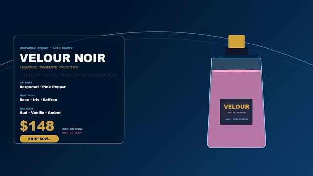 A digital shoppable video overlay displays luxury fragrance information in a sleek user interface design as motion graphics scroll across a dark blue gradient aesthetic screen
