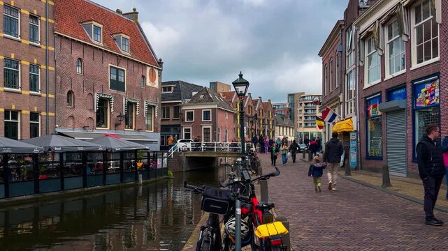 Traditional Dutch architecture on the streets of the medieval city of Alkmaar, Netherlands, May 15, 2026. High quality 4k footage