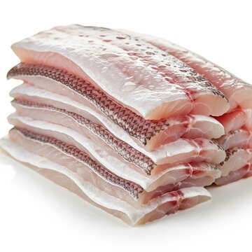 Fresh raw haddock fillets stacked neatly on a white studio background. High quality seafood ingredient for gourmet cooking and fine meals, fillet, kitchen, boneless