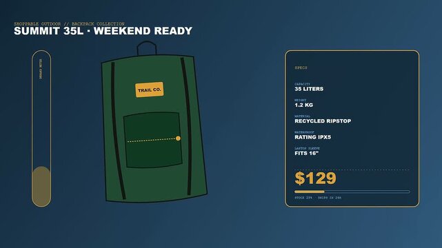 A digital shoppable video overlay displays inventory data for a travel rucksack set against a dark blue gradient backdrop while the numerical values count down