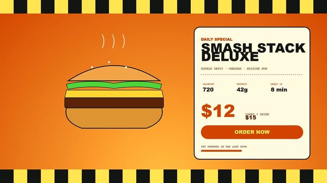 A digital shoppable video overlay displays an animated gourmet burger menu featuring dynamic pricing and interactive ordering buttons captured in a modern fast food advertisement style
