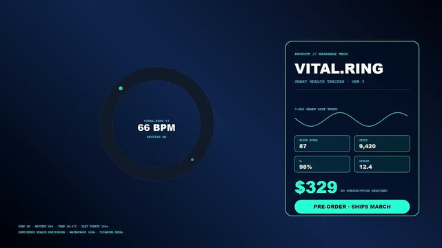 A sleek shoppable video overlay displays fluctuating heart rate metrics within a digital interface featuring minimalist glow effects and dark blue professional aesthetic motion graphics design