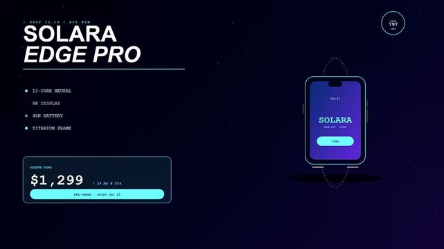 A shoppable video overlay displays price and product specifications for a futuristic mobile device shown in a series of animated panels against a dark nebulous void