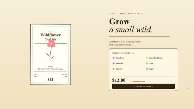 a shoppable video overlay showcasing digital store interaction featuring botanical seed packets with soft aesthetic UI elements on a warm neutral canvas for organic commerce