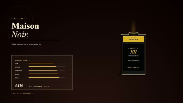 A sleek shoppable video overlay displays luxury spirit product details with amber tasting profile charts and dark cinematic lighting for an elegant e commerce shopping interface