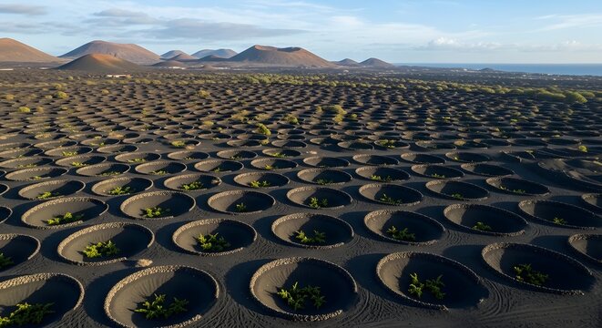 Vast rows of traditional volcanic vineyard holes landscape lanzarote pattern