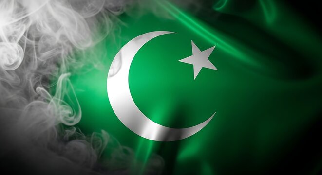 Pakistan flag with smoke effect on green background and white crescent moon