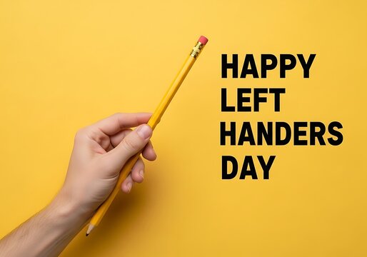 Hand holding pencil celebrating happy left handers day on yellow background