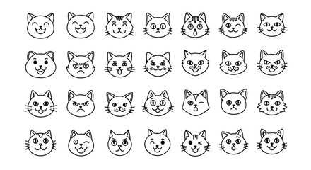 Obraz premium Collection of various cute cat faces in black and white line art illustrations