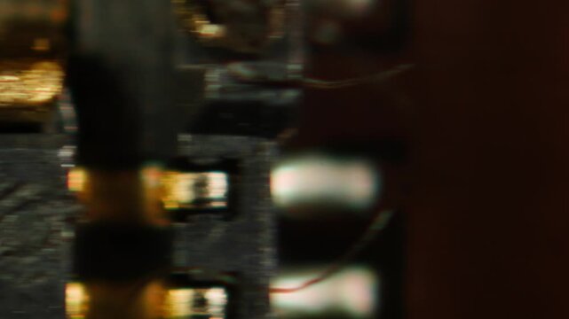 Microscope Macro Close-up Shot of Microchip, CPU Processor on Printed Circuit Board, Computer Motherboard with Components Inside of Electronic Device, Part of Supercomputer microscop.