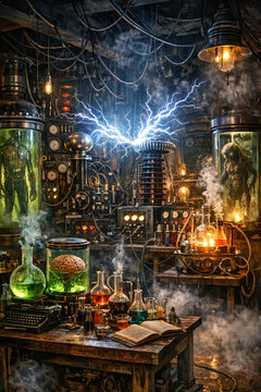 A chaotic scene of a mad scientist's lab with sparks flying and smoke rising from various equipment