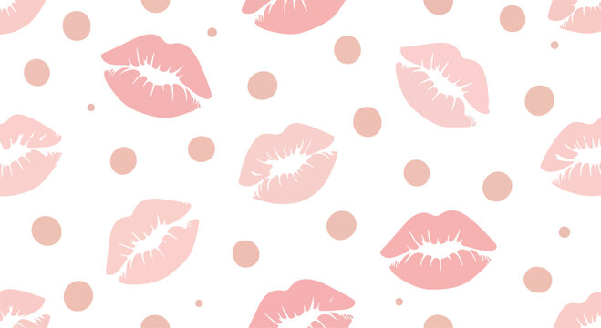 Playful pink lips and dots pattern on white background for cosmetic design