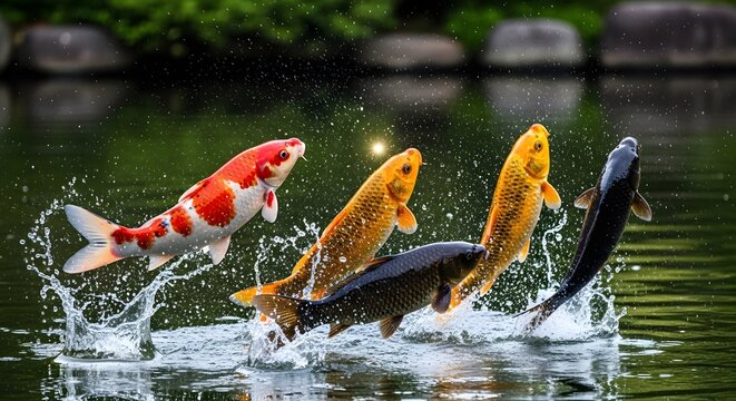 Beautiful koi carps jumping out of water splash close up portrait