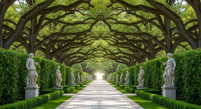 Majestic symmetrical pathway through a lush forest lined with classical stone sculptures, manicured hedges, and ancient towering oak trees, stone, outdoors, woodland