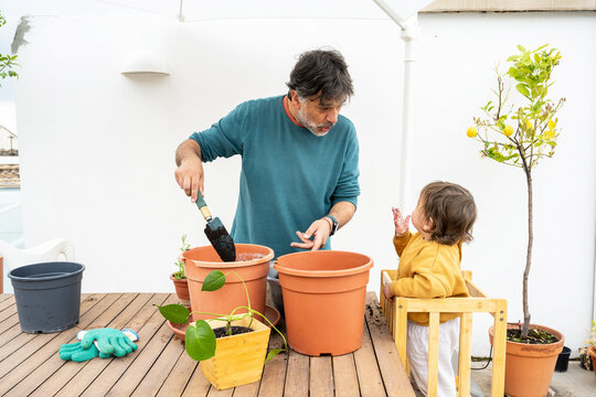 Father Teaching Baby Gardening Using Learning Tower