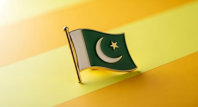 Flag of pakistan on a yellow background with a gold pole and trim