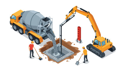Naklejka premium Isometric Construction Site with Concrete Mixer Truck Pouring Cement and Excavator Working on Building Foundation
