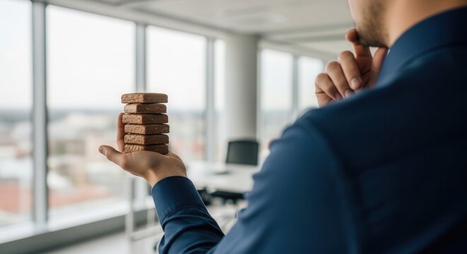 Businessman holding stacked biscuits in modern office with cityscape view