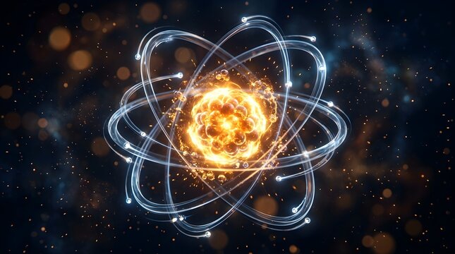 Abstract physics model of an atom with glowing nucleus and swirling electron orbits symbolizing nuclear fusion quantum energy