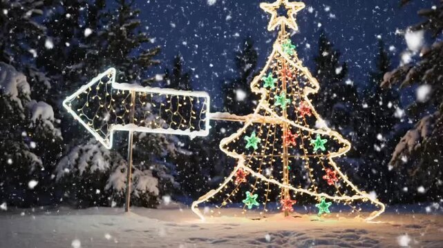 Christmas tree lights form a glowing shape in a snowy winter night with colorful decorations