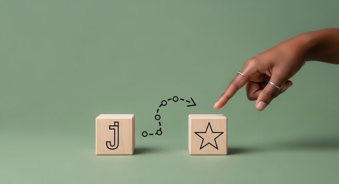 Hand guiding transition from letter J to star symbol on wooden blocks