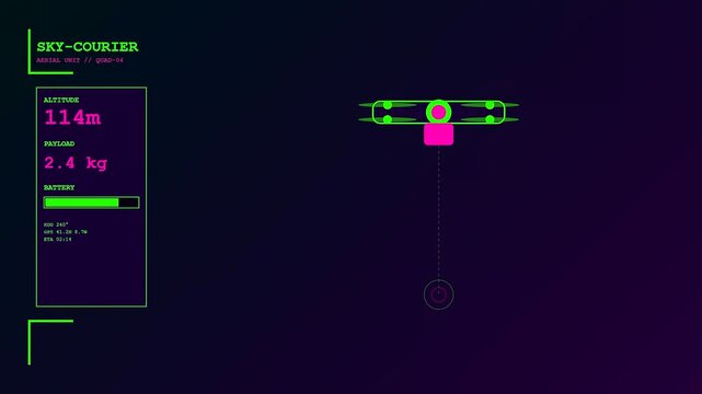 Autonomous delivery tracking interface displays real time altitude and battery statistics for an aerial drone device while it navigates the dark night sky environment above