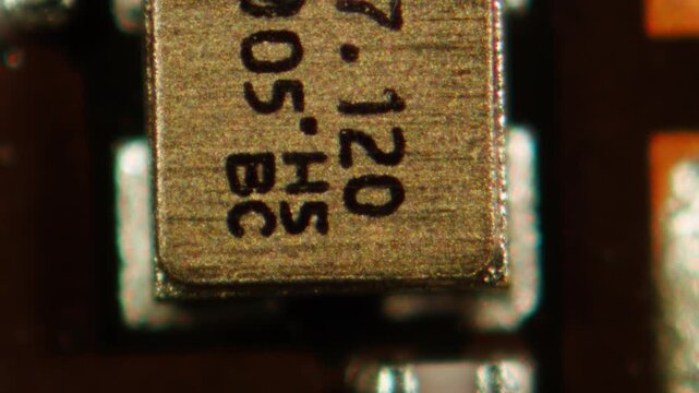 Microscope Macro Close-up Shot of Microchip, CPU Processor on Printed Circuit Board, Computer Motherboard with Components Inside of Electronic Device, Part of Supercomputer microscop.