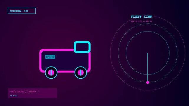 Neon graphic interface showing autonomous delivery tracking with a moving truck icon and circular scan radar monitor display set against a dark purple digital background