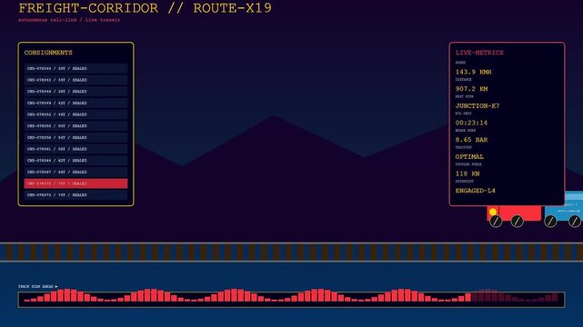 Autonomous delivery tracking interface displays a moving freight train journey across a dark digital landscape with colorful locomotive units and flickering red waveform audio bars