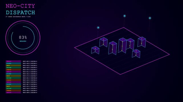 Autonomous delivery tracking dashboard showing animated growth and urban sector progression with digital node mapping in a dark virtual interface for logistics and city mapping systems