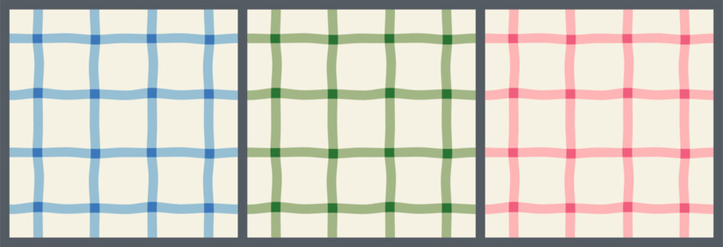 Pink, blue and green wavy grid gingham vector seamless pattern set, Cute checkered background for baby girls and boys textile designs