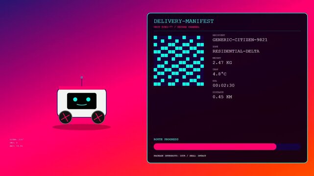 Autonomous delivery tracking interface screens showing a small robot monitoring navigation path updates and progress metrics in a vibrant glowing colorful digital user dashboard graphic design
